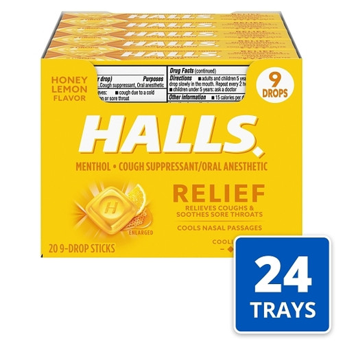 Halls Stick Honey Lemon Cough Drops, 9 Count, 20 Per Box, 24 Per Case